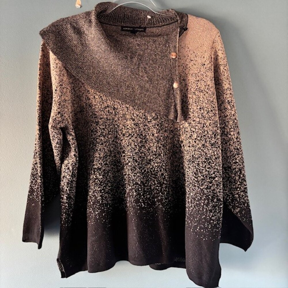 Adrienne Vittadini Ombre Button Neck Brown Sweater 2x Cozy Chic Metallic Gold